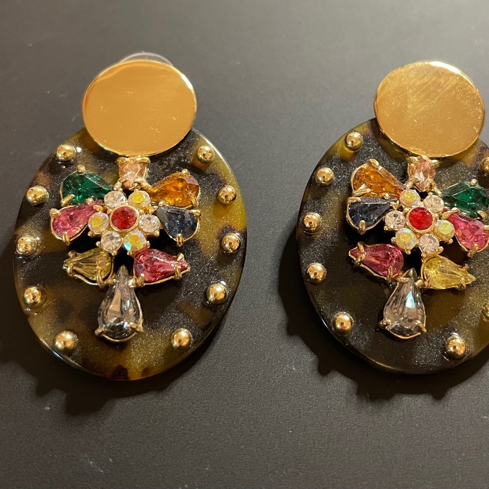J crew Gold, Lucite and Crystal Shield Earrings RARE